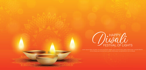 Happy Diwali - festival of lights colorful banner template design with decorative diya lamp. vector illustration.