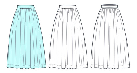 Midi Skirts technical fashion illustration. Set of Skirts fashion flat sketch template,  midi lengths, A-line, elastic waist, zip-up waist, front view, white, blue design, CAD mockup set.