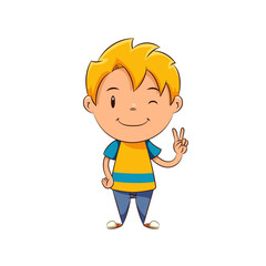 Kid making peace sign, vector illustration