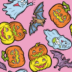Halloween seamless vector pattern with pumpkin, spider, cat. Decor for party celebration, fabric print. textile design, backdrop, background, wrapping paper, scrapbooking. Hand drawn cartoon character