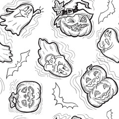 Halloween seamless vector pattern with pumpkin, spider, cat. Decor for party celebration, fabric print. textile design, backdrop, background, wrapping paper, scrapbooking. Hand drawn cartoon character