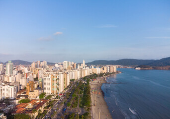 Aerial view of the waterfront to the ocean with its high buildings in the city of Santos in Brazil