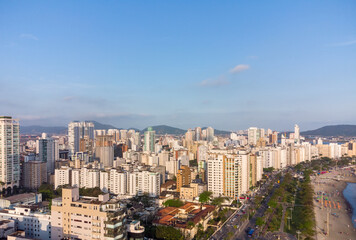 Aerial view of the waterfront to the ocean with its high buildings in the city of Santos in Brazil