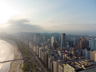 Aerial view of the waterfront to the ocean with its high buildings in the city of Santos in Brazil