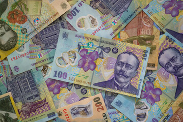 American cash,  UK pound, Euro, ron lei romanian banknotes money  dollar bills  UK pound background financial concept cash close-up. - obrazy, fototapety, plakaty