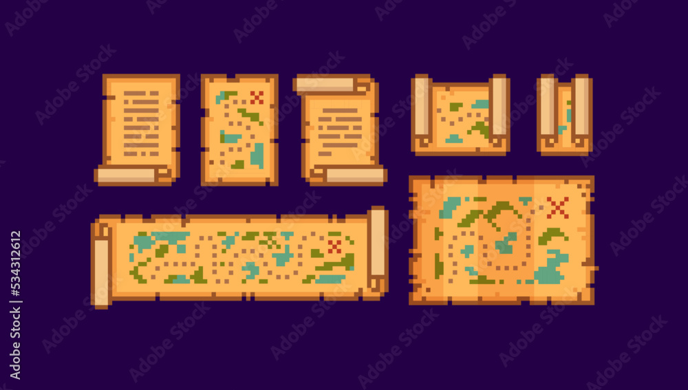 Poster ancient treasure map set on parchment scroll. pixel art path map icon. 8-bit retro game assets. abst