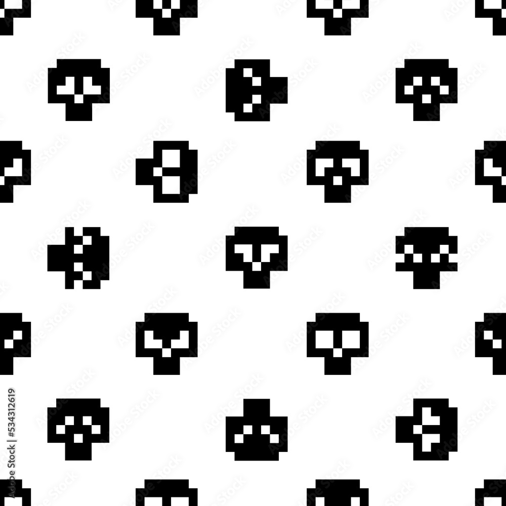 Poster abstract skulls pixel art seamless pattern. vintage 8-bit pixel graphics skulls background. retro vi