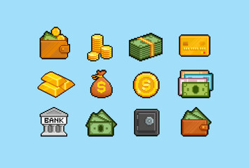 Pixel art Business and finance retro game style icon collection. Pixel money, gold coins, credit card, safe box, bank, wallet. 8-bit cash money icons for app design. Computer game assets