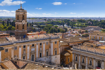 Rome skyline. View from Altar of the Fatherland or Vittoriano: in the foreground Capitoline Hill...