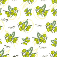 Seamless pattern with a branch of green olives