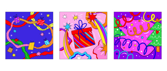 Collection of vector square Christmas funky vibrant holiday postcard. Crazy Christmas party interior poster with Christmas decorative elements. Funcy colorful retro card 1970 vibes