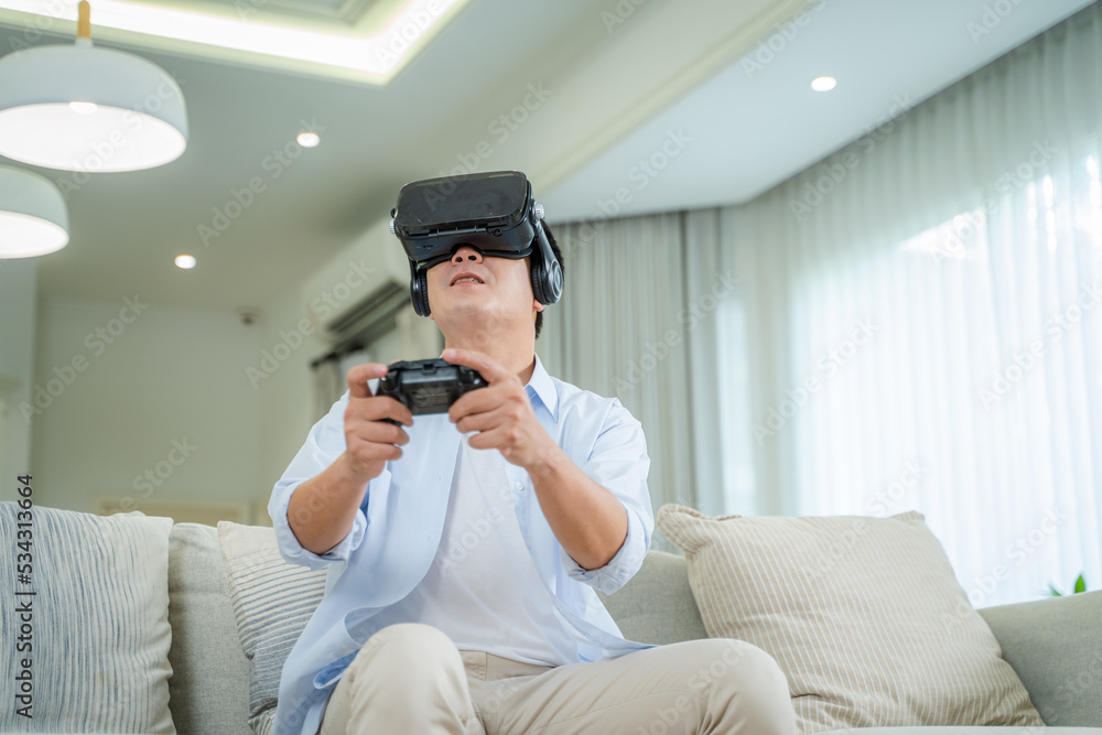Poster man wearing virtual reality glasses to play games,using virtual reality technology to facilitate and