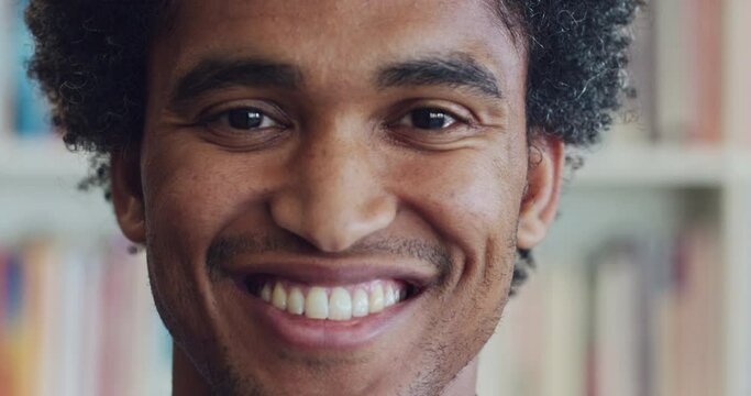 Black man, smile or face of student in school, university or college library for studying in Brazil. Portrait, zoom or happy person with graduation motivation, scholarship success or education goals