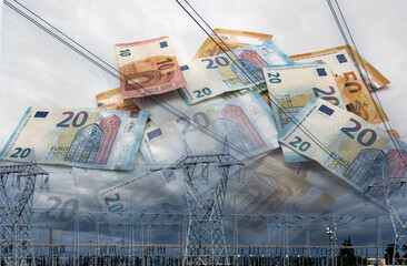 Electric tower and euro money, High-voltage power lines on euro banknotes , energy cost concept.