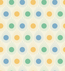 Seamless soft geometric pattern with rays, coloured dots and drop shapes. Great for Wallpaper, textiles, stationery, nursery decor, fashion, baby clothing, home decor, accessories, quilting.