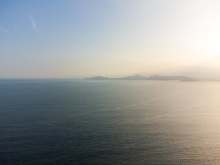 Aerial view of the beach of the city of Santos, Brazil. Beautiful landscape view at sunset