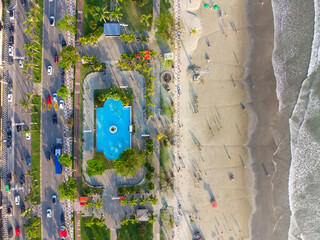 Aerial view of the beach of the city of Santos, Brazil. Beautiful landscape view at sunset