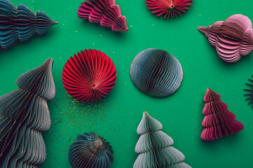 Trendy decorative paper Christmas tree baubles, DIY project, Organic Modern Design, Hanging Festive Honeycomb Foldable 3D balls, minimalist and plastic free