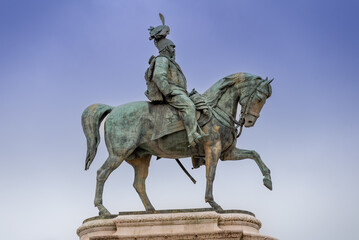 Close Up of the Bronze Statue of the Italian King Called Vittorio Emanuele II Riding Horse in Uniform in the Centre of the Monument Called Vittoriano in Rome