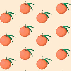Seamless pattern with orange tangerines and green leaves. Design for print, wedding, backdrop, wallpaper. Vector illustration