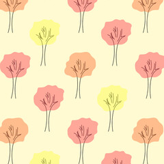 Cartoon autumn tree seamless pattern.  Forest autumn trees. Design for print wrapping paper, fabric, wallpaper, packing. Vector illustration