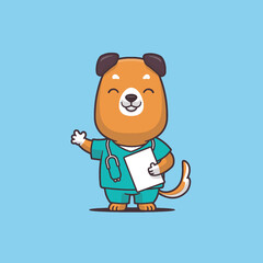 Dog in doctor's uniform.  Veterinary concept. Cute puppy mascot character, smiling and waving. Vector cartoon illustration