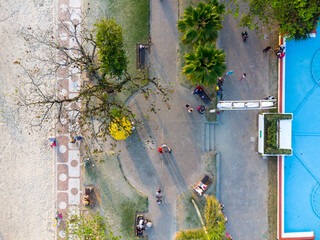 Detail of the aerial view from above the coastal boulevard of the city of Santos in Brazil