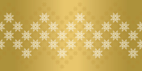 Festive Christmas horizontal pattern border with gold and white stars on gold background. Seamless vector ornament for gift wrapping paper, cards, gift boxes, web, textiles and decorations.
