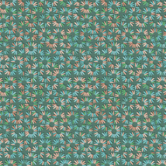 Autumn seamless vector pattern with little green, blue and orange daisy petals on green background. Minimal concept great for vintage fabric, home decor and wallpaper. Surface pattern design.
