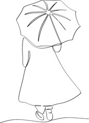 One continuous line art. A man holds an open umbrella above himself, he looks up from under him. Silhouette of a modern attractive man in a coat. It can be used for animation. Vector