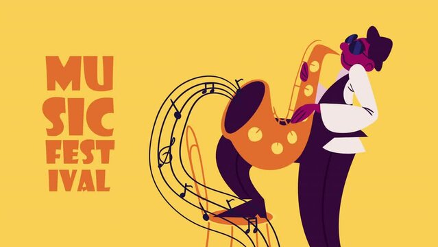 music festival lettering with saxophone animation