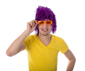Man with orange glasses and purple wig isolated on transparent background