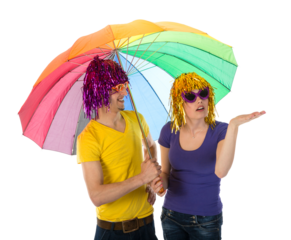 Funny dressed couple with umbrella looking for rain isolated on transparent background