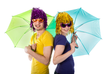 Couple with wigs, sunglasses and umbrellas isolated on transparent background