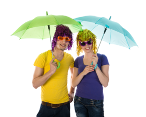 Couple with wigs, sunglasses and umbrellas isolated on transparent background