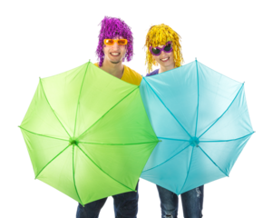 Trendy couple with sunglasses and wigs protected by two umbrellas isolated on transparent background