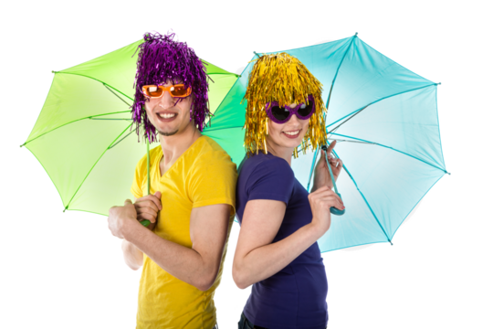 Couple with wigs, sunglasses and umbrellas isolated on transparent background