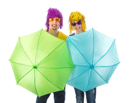 Trendy couple with sunglasses and wigs protected by two umbrellas isolated on transparent background - Powered by Adobe