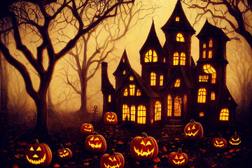 Fototapeta na wymiar Halloween with pumpkins, bats and ghosts. 