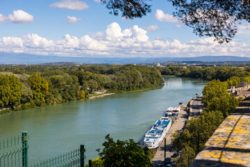 Vue sur le Rhône et les péniches à quai depuis le Jardin des Doms à Avignon - obrazy, fototapety, plakaty