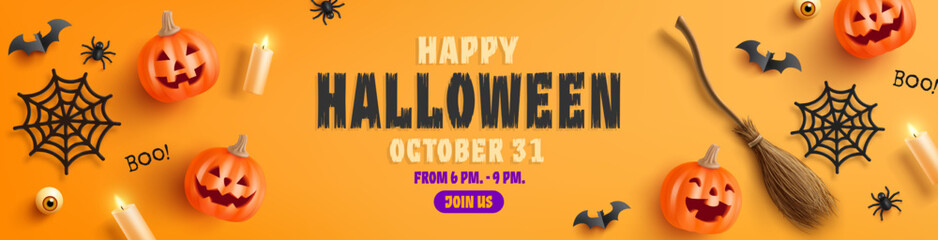 Happy Halloween banner template with halloween pumpkin, Witch Broom and Halloween Elements on orange background. Website spooky,Background or banner Halloween template