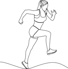One continuous line drawing of young female athlete runner focus sprint run. Individual sport, competitive concept. Dynamic single line hand drawn vector illustration for running poster