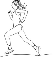 One continuous line drawing of young female athlete runner focus sprint run. Individual sport, competitive concept. Dynamic single line hand drawn vector illustration for running poster