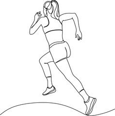 One continuous line drawing of young female athlete runner focus sprint run. Individual sport, competitive concept. Dynamic single line hand drawn vector illustration for running poster