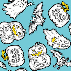 Halloween seamless pattern with pumpkin, ghost, bat. Decoration for party celebration, fabric print. textile design, backdrop and background, wrapping paper, scrapbooking. Hand drawn cartoon character