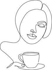 Continuous line drawing. A woman is relaxing with a cup of tea. Vector illustration.