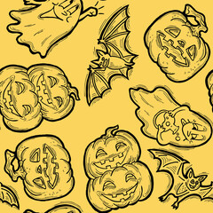 Halloween seamless pattern with pumpkin, ghost, bat. Decoration for party celebration, fabric print. textile design, backdrop and background, wrapping paper, scrapbooking. Hand drawn cartoon character