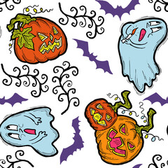Halloween seamless pattern with pumpkin, ghost, bat. Decoration for party celebration, fabric print. textile design, backdrop and background, wrapping paper, scrapbooking. Hand drawn cartoon character