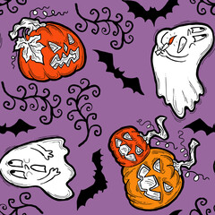 Halloween seamless pattern with pumpkin, ghost, bat. Decoration for party celebration, fabric print. textile design, backdrop and background, wrapping paper, scrapbooking. Hand drawn cartoon character