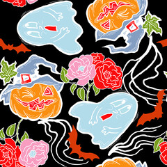 Halloween seamless pattern with pumpkin, ghost, bat. Decoration for party celebration, fabric print. textile design, backdrop and background, wrapping paper, scrapbooking. Hand drawn cartoon character